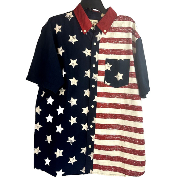 Red Head Button-Down Shirt Men's Large Blue Polo American Flag Short Sleeve Top - Picture 1 of 10